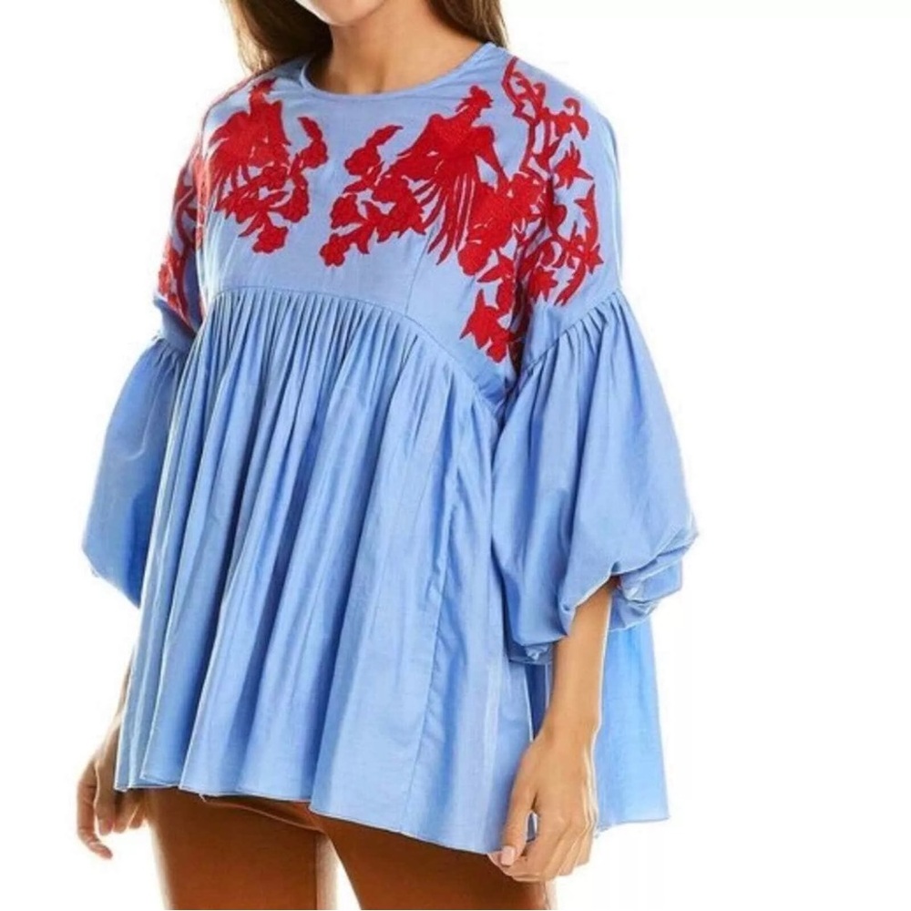 Anthropologie Hemant & Nandita Blue Lianna Embroidered Blouse Size S